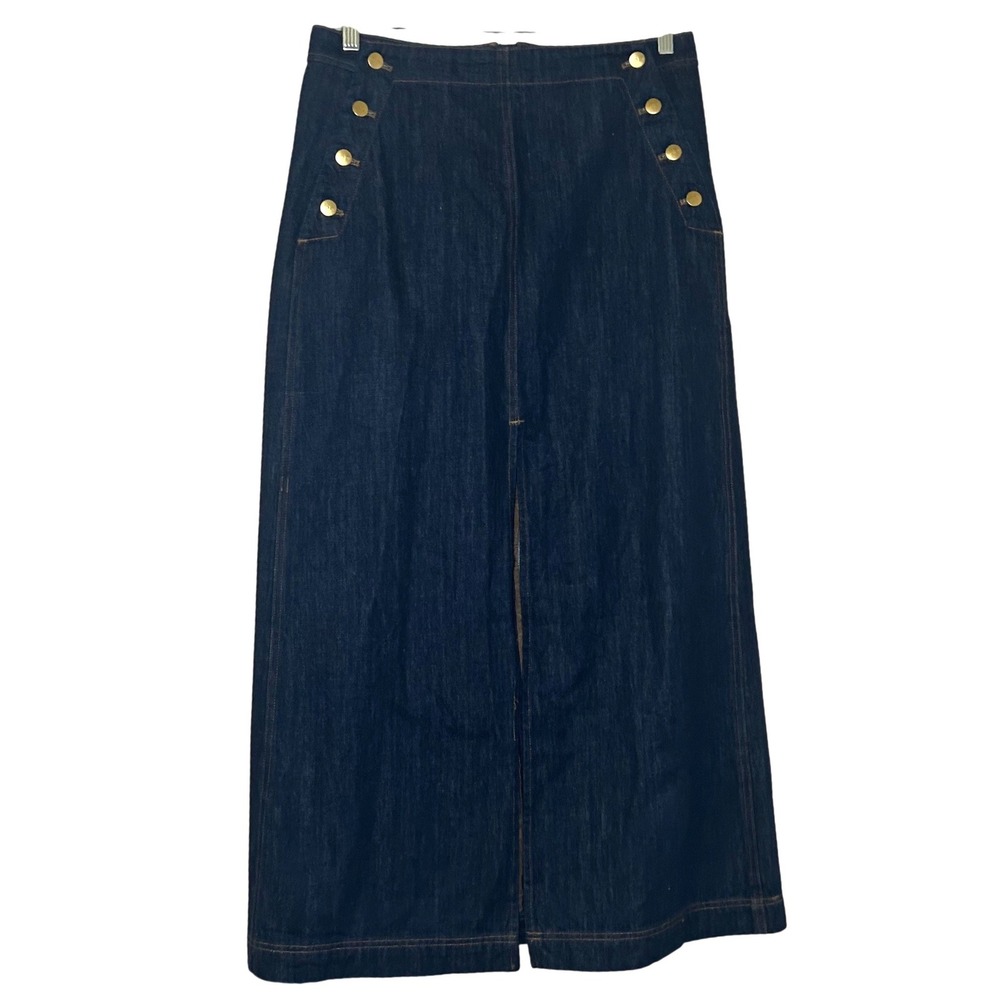 J.Crew Dark Wash Denim Sailor Maxi Skirt Gold Buttons Indigo Blue 30 nautical
